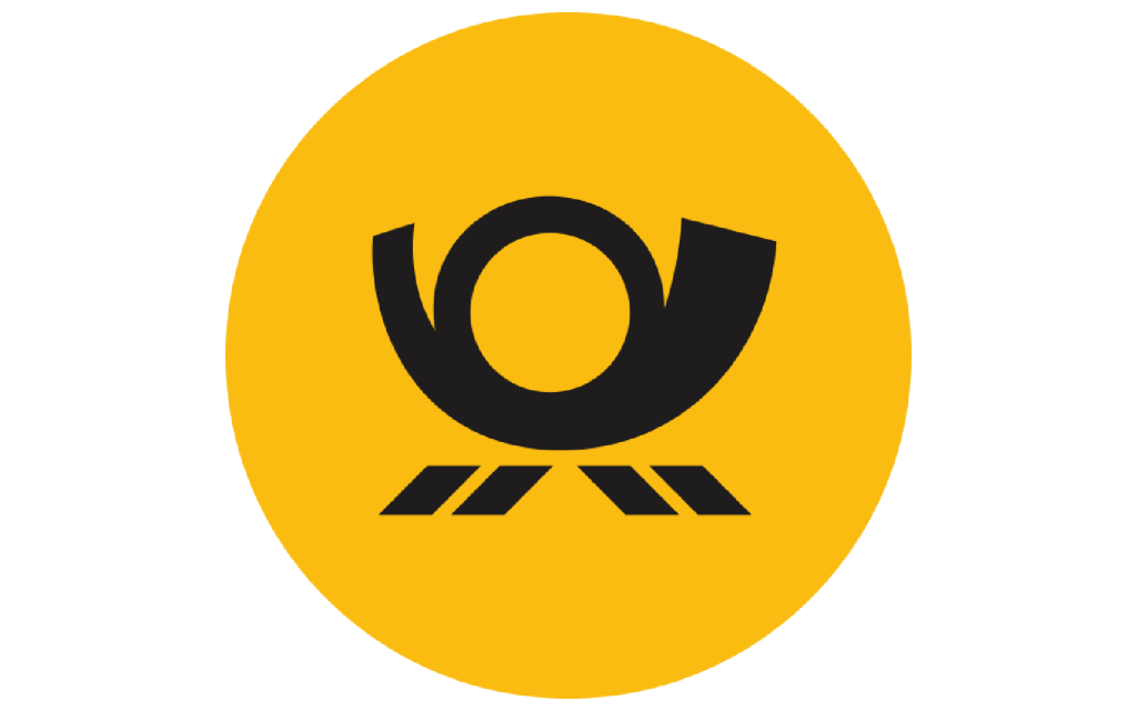 Logo der Deutschen Post: Schwarzes Posthorn auf gelbem Kreis.